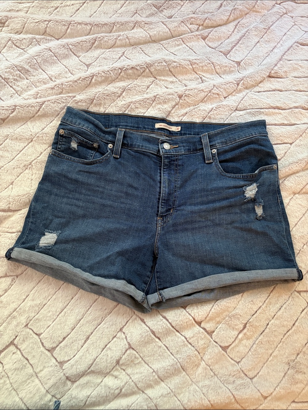 Levi's Dark Blue Distressed Roll-Cuff Jean Shorts